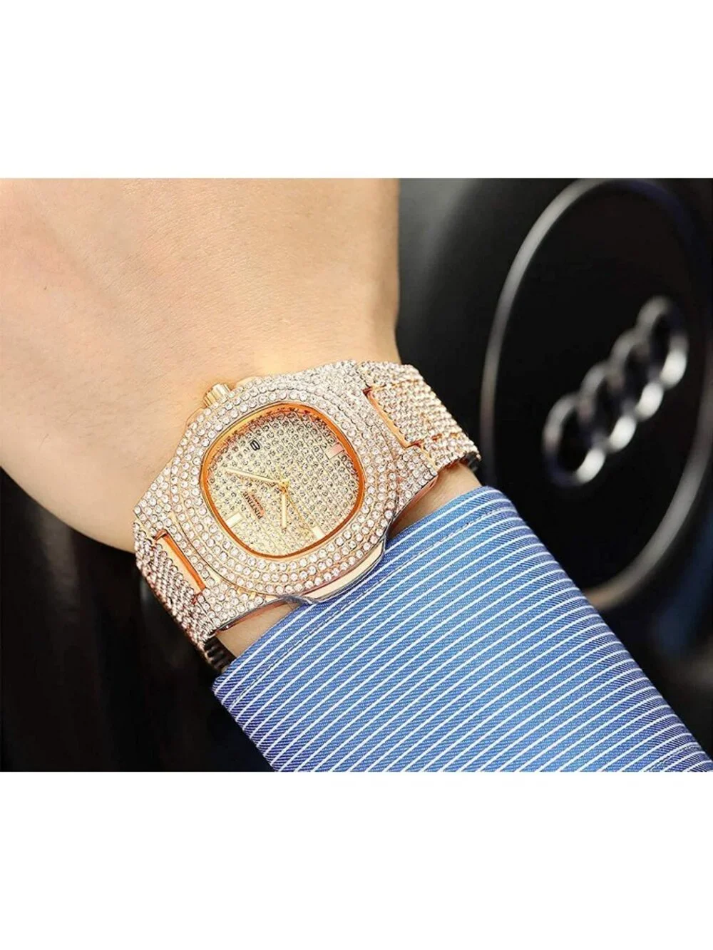 Unisex Rose Gold Crystal Diamond Stainless Steel Bracelet Band Wrist Watch